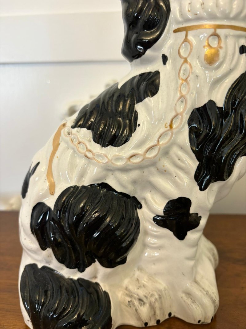 Antique Pair of Staffordshire Black & White Spaniel Dogs